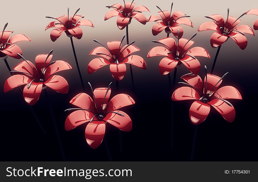 Dark red futuristic flowers field background