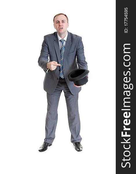 Businessman in a black hat on white background