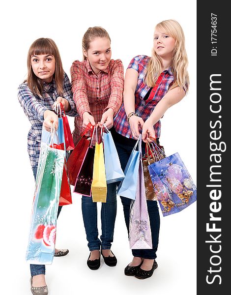 Three Girls With Colorful Shopping Bags