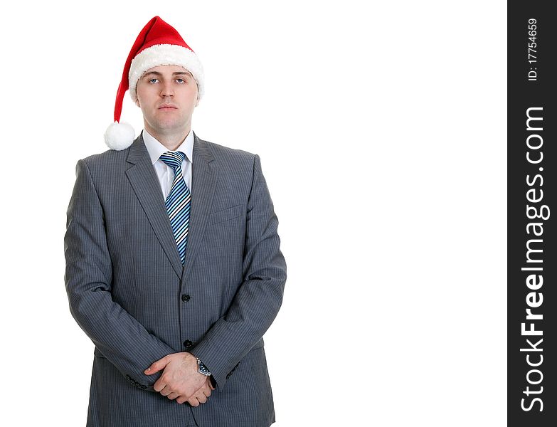 Businessman in the Santa hat on a white background