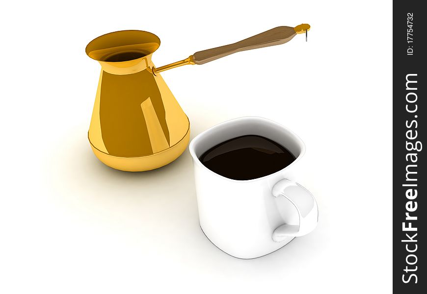 Turk and a cup filled with black coffee. Turk and a cup filled with black coffee