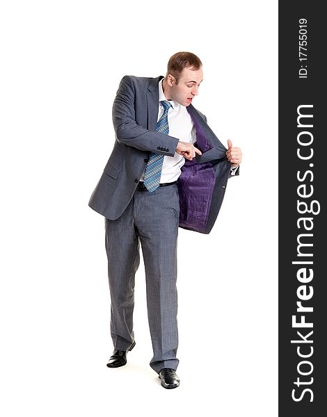 Businessman looking at his jacket pocket on a white background