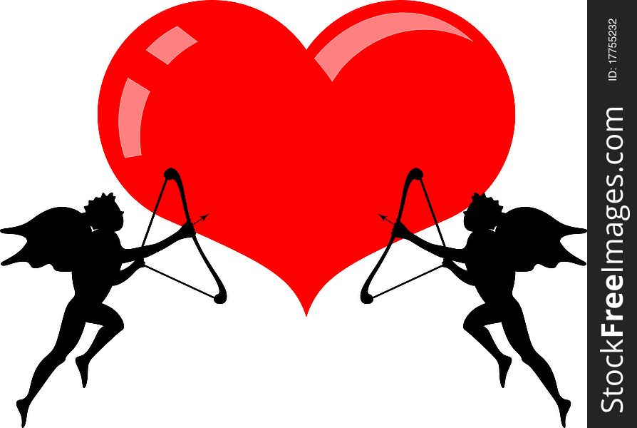 Two cupid silhouettes on heart shape. Two cupid silhouettes on heart shape