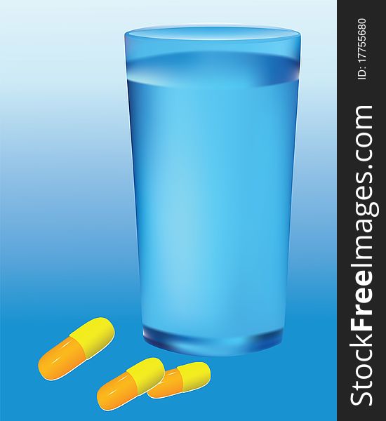 A glass of water and capsules on a blue background. A glass of water and capsules on a blue background.