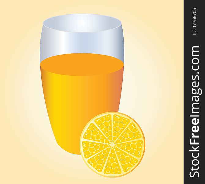 A slice of orange and a glass of orange juice on an orange background. A slice of orange and a glass of orange juice on an orange background.