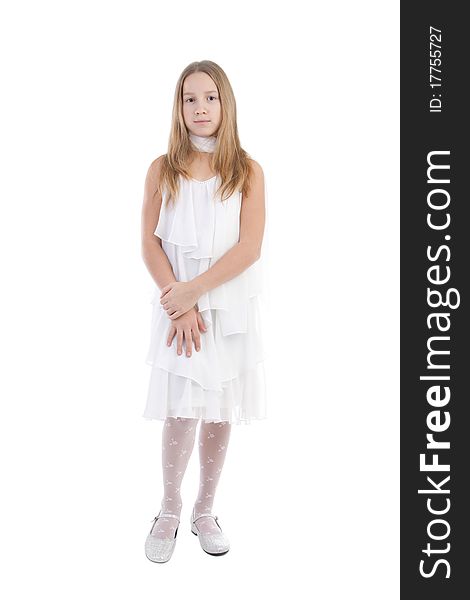 The girl in a white dress on a white background