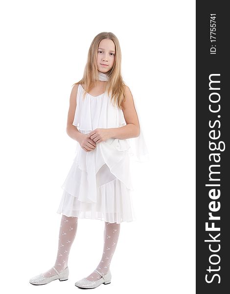 The girl in a white dress on a white background