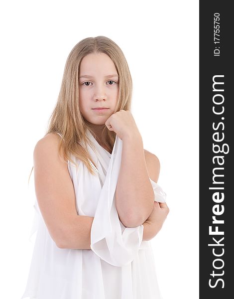The girl in a white dress on a white background