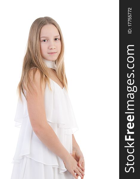 The girl in a white dress on a white background