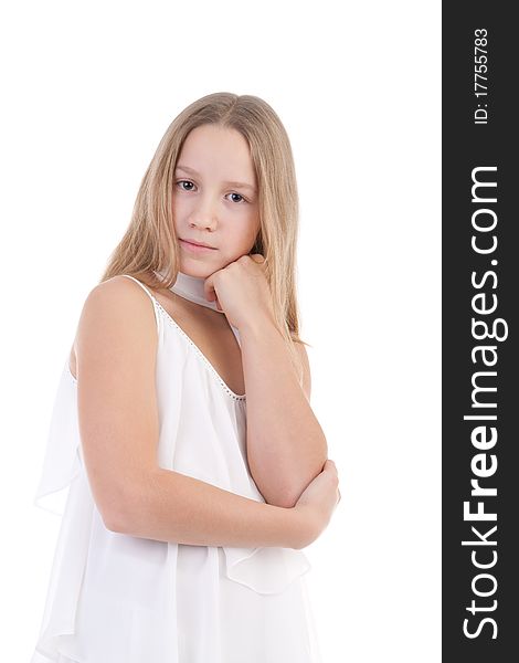 The girl in a white dress on a white background