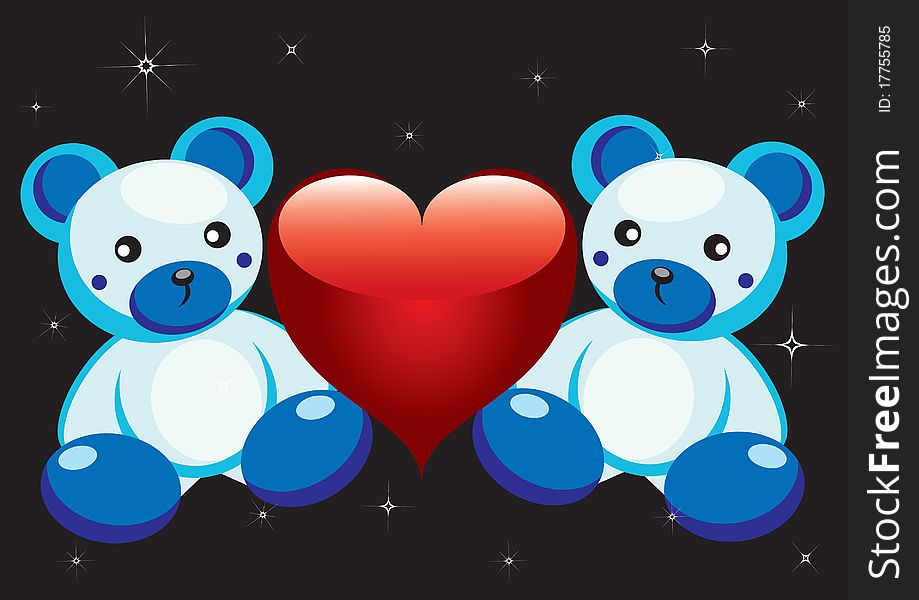 White bears and red heart against the night sky with stars. White bears and red heart against the night sky with stars.
