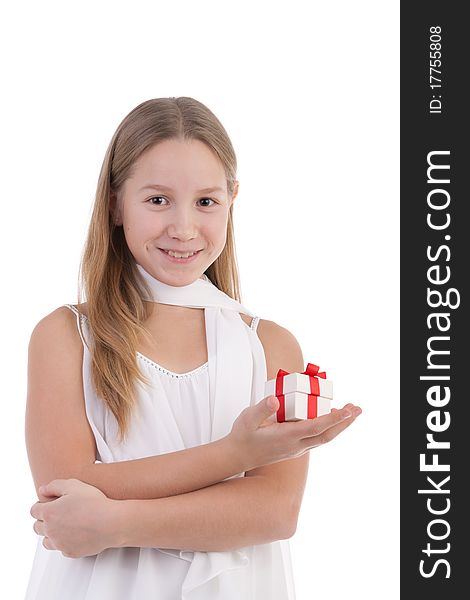 The girl with a gift on a white background