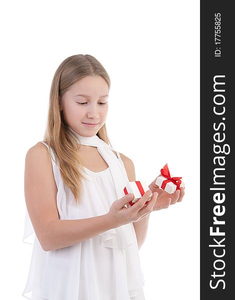 The girl with a gift on a white background