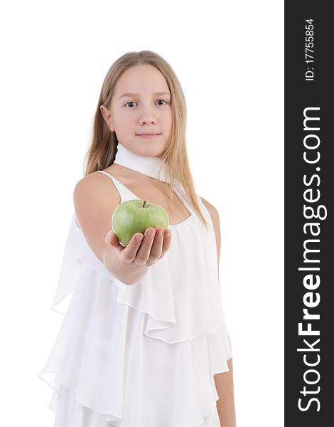 The girl with an apple on a white background