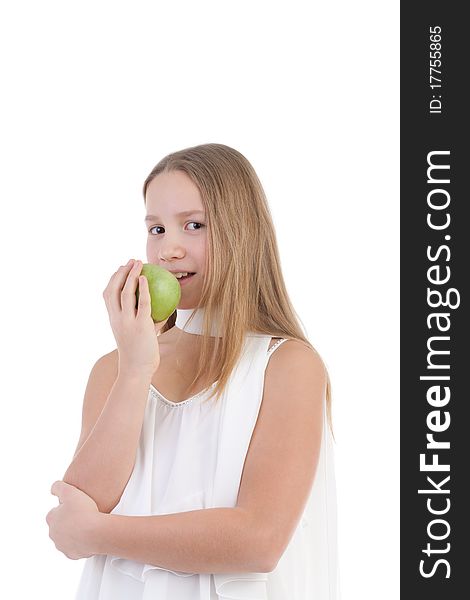 The girl with an apple on a white background