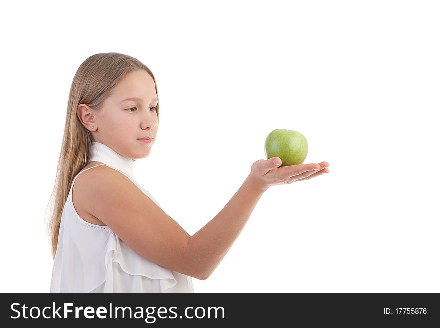 The girl with an apple on a white background