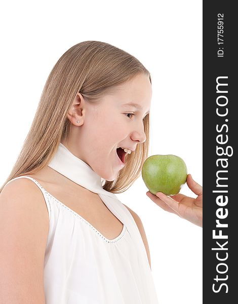 The girl with an apple on a white background