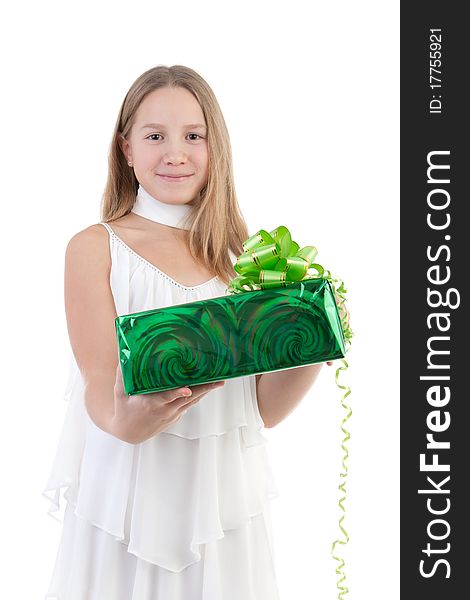 The girl with a gift on a white background