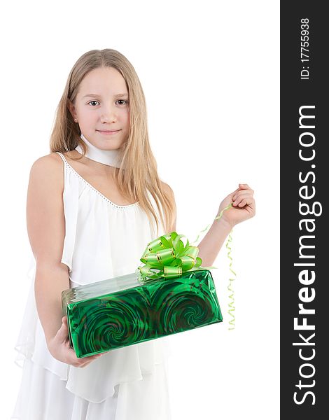 The girl with a gift on a white background