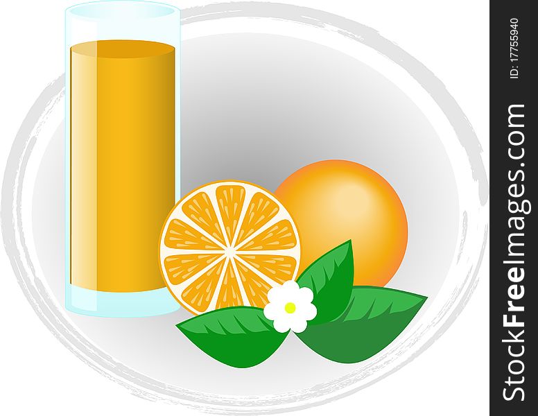 Fruits and flowers of orange and a glass of juice. Fruits and flowers of orange and a glass of juice