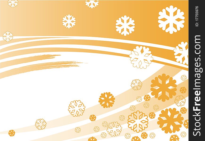 Abstract orange background with snowflakes and curved stripes. Abstract orange background with snowflakes and curved stripes