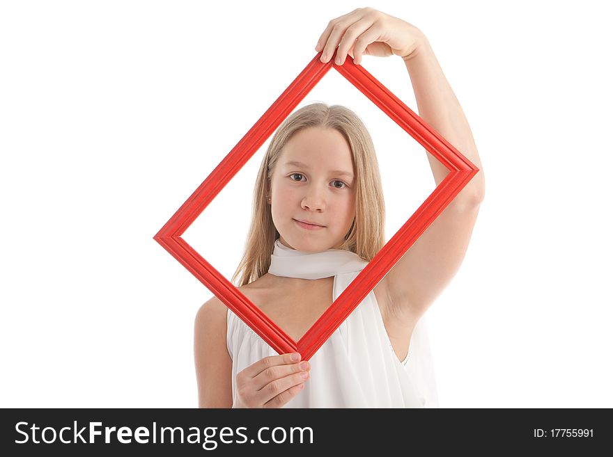 The girl with a red empty wooden framework. The girl with a red empty wooden framework