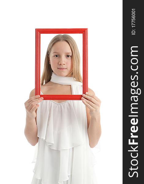 The girl with a red empty wooden framework. The girl with a red empty wooden framework