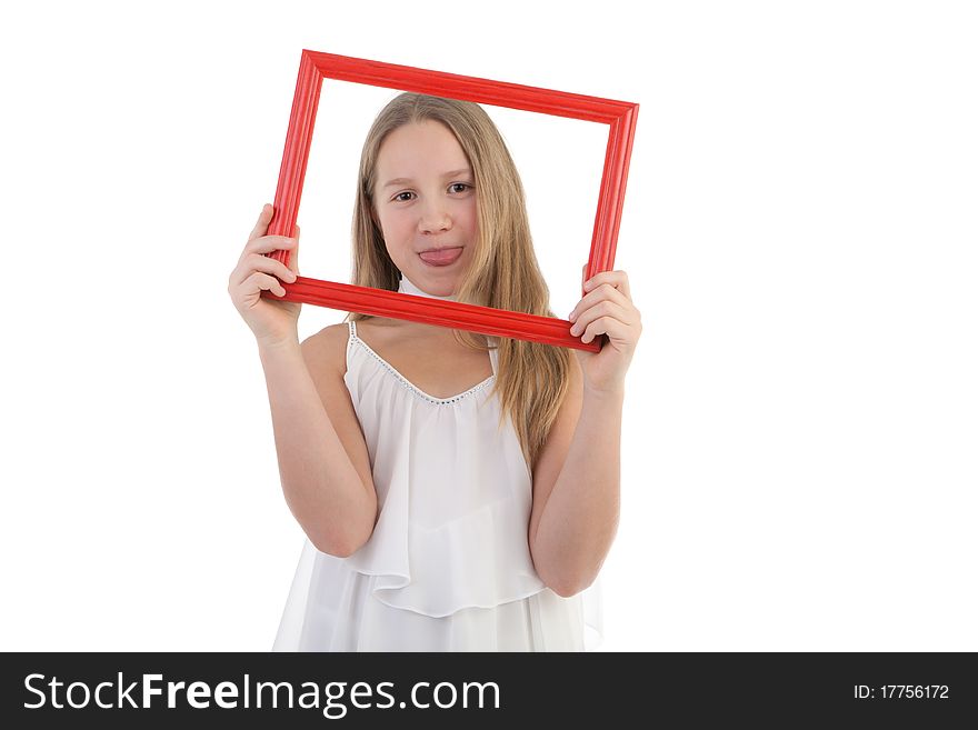 The girl with a red empty wooden framework. The girl with a red empty wooden framework
