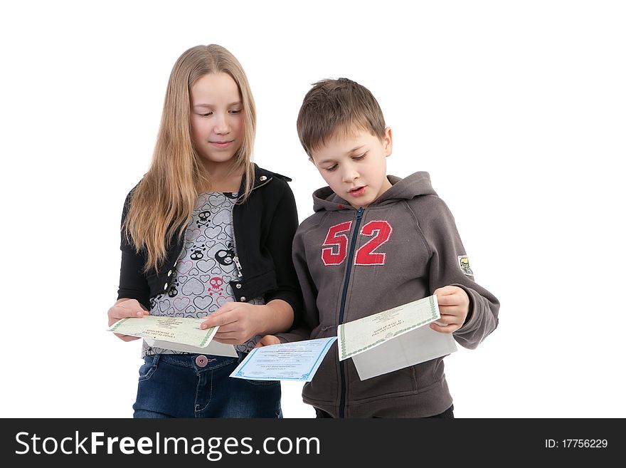 Children study the documents on a white background