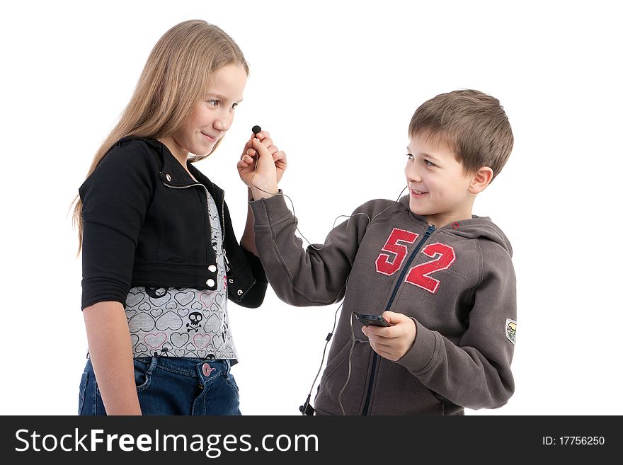 Children listen to music on a white background