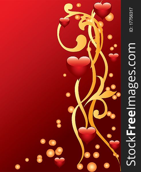 Golden ornament with hearts on a red background.