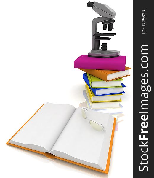 Books with a microscope and glasses on white background