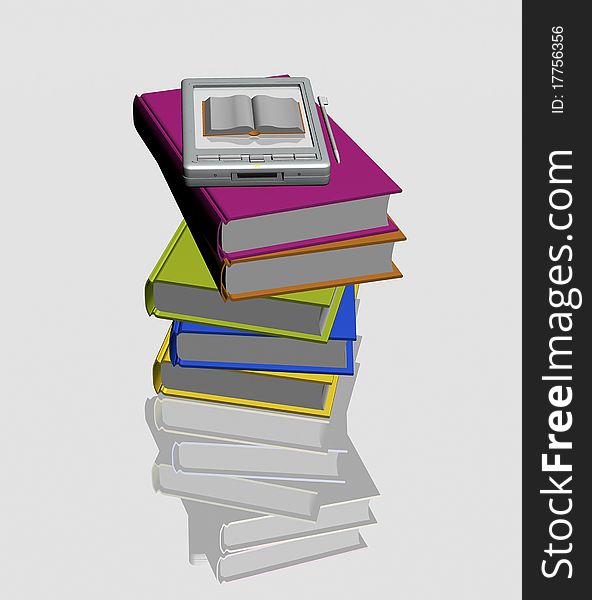 Pocket pc and stacks of books on white background
