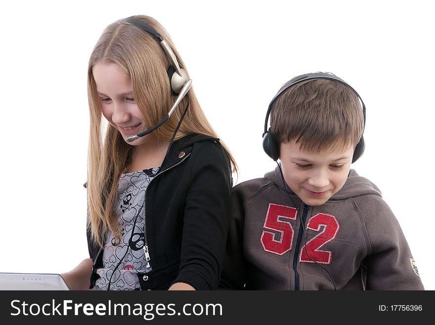 Children with laptops on a white background