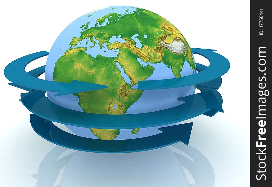 Globe on a white background with blue arrows. Globe on a white background with blue arrows