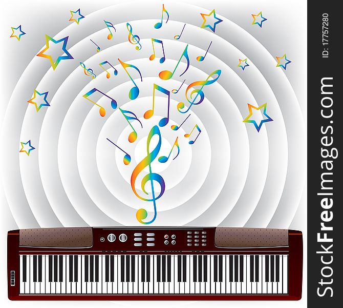 Electronic piano and musical notes on a circular background. Electronic piano and musical notes on a circular background