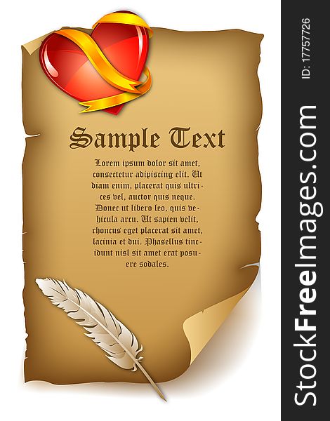 Illustration of love letter with feather and heart on white background