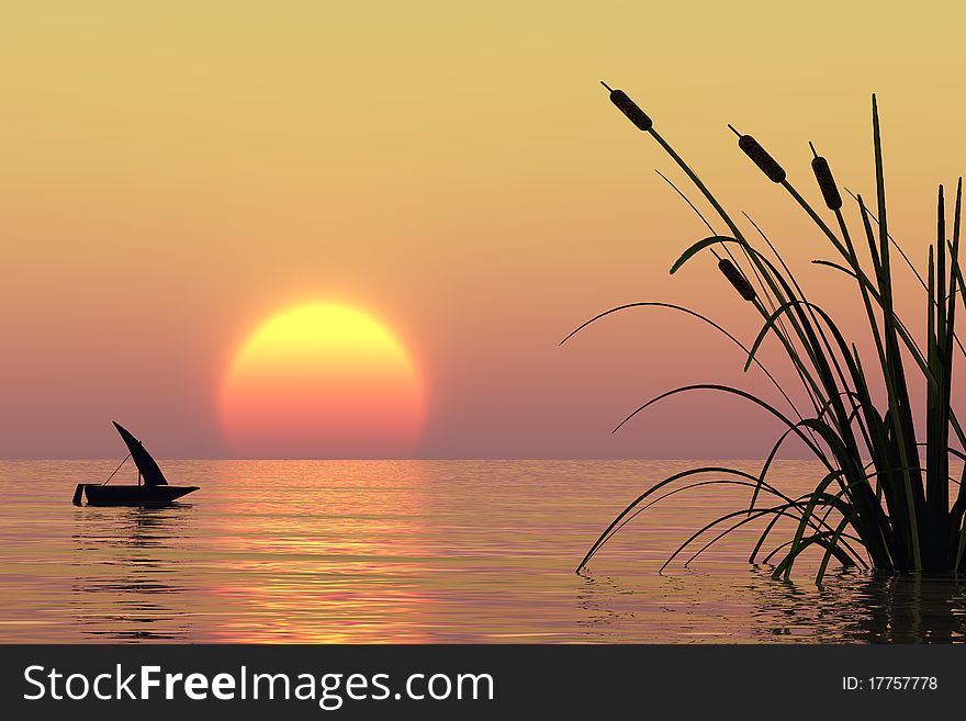 Small boat at sunset sea. Small boat at sunset sea