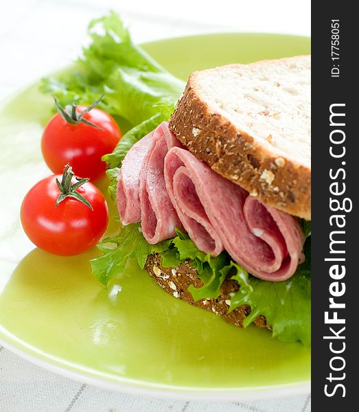 Rustic Sandwich with lettuce, ham and wholegrain bread