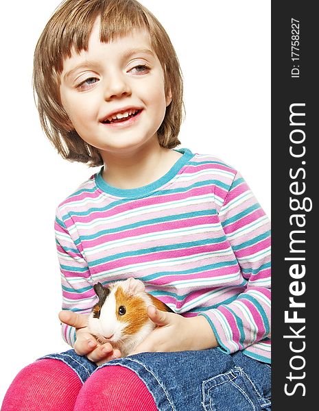 Little girl four years old and guinea pig isolated on white