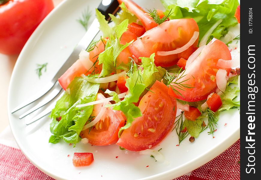 Fresh vegetable salad with lettuce, tomatoes and onion