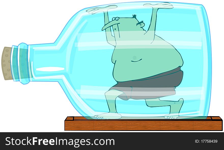 This illustration depicts a man wearing swim trunks trapped inside a glass bottle. This illustration depicts a man wearing swim trunks trapped inside a glass bottle.