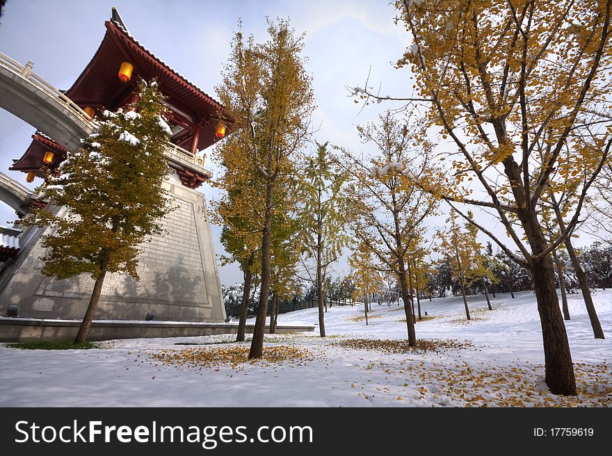 The photo was taken in Qujiang Pool Relic Park( Xi'an city, China) early in the morning while it snowed the last night. The sights is all white and peacful. It reminds us pureful. The photo was taken in Qujiang Pool Relic Park( Xi'an city, China) early in the morning while it snowed the last night. The sights is all white and peacful. It reminds us pureful.