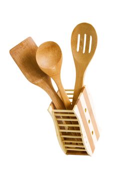 Set Of Kitchen Utensils Made Of Bamboo, Isolated Royalty Free Stock Photo