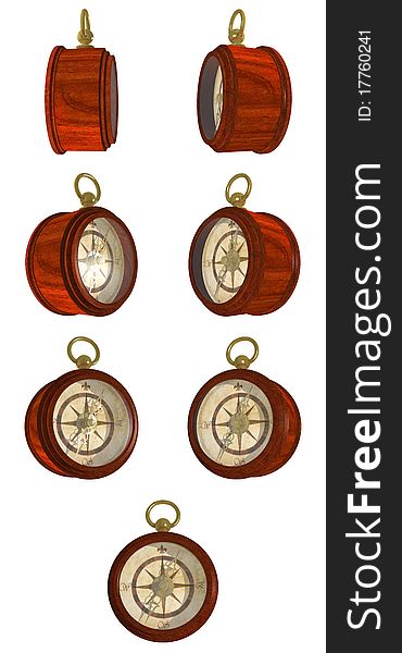 Multiple views of a classic, wooden nautical compass with gold trim. Isolated on white.