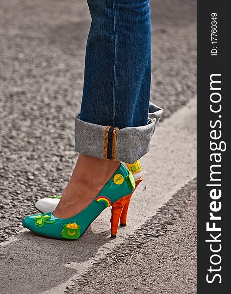 Funny woman shoes for St Patrick's Day. Funny woman shoes for St Patrick's Day