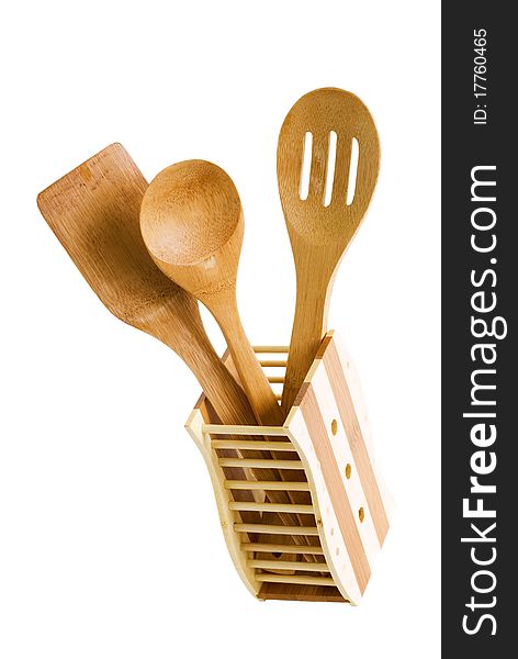 Set of kitchen utensils made of bamboo, isolated