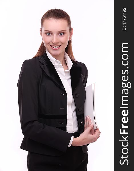 Portrait of positive young business woman. Isolated on a white background.