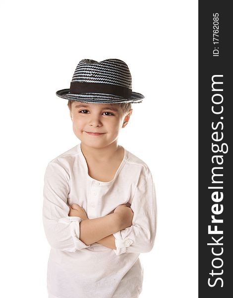 Portrait of beautiful smiling little boy in stylish hat isolated on white background. Portrait of beautiful smiling little boy in stylish hat isolated on white background