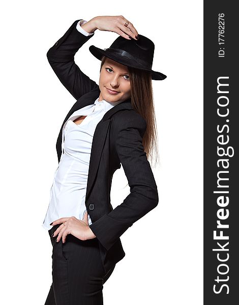 Girl in hat on white background